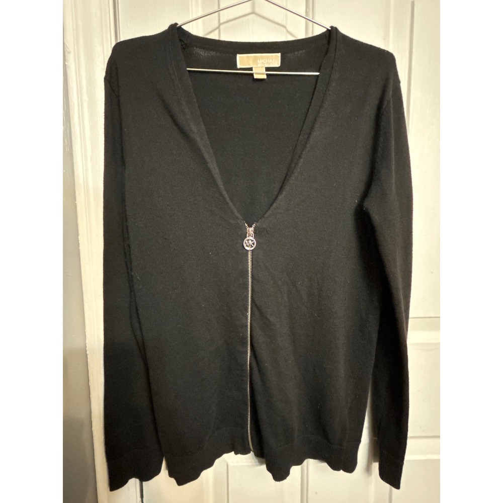Michael Kors Black Zip‎ Front V Neck Cardigan Sweater Womens Small
